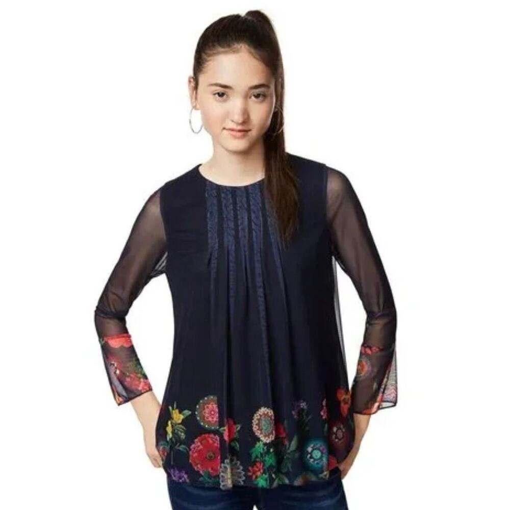 DESIGUAL Women’s Rachel Boho Navy Floral Print Bedazzeled A-line Top
